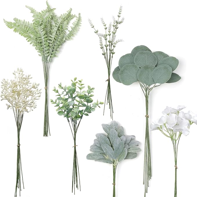 YXZZWL Artificial Greenery Stems Box Set,75 Pcs with 7 Kinds of Faux Greenery Branches Fake Eucalyptus for Wedding DIY Bouquets Floral Arrangement Table Centerpieces (Dusty Green & Beige)