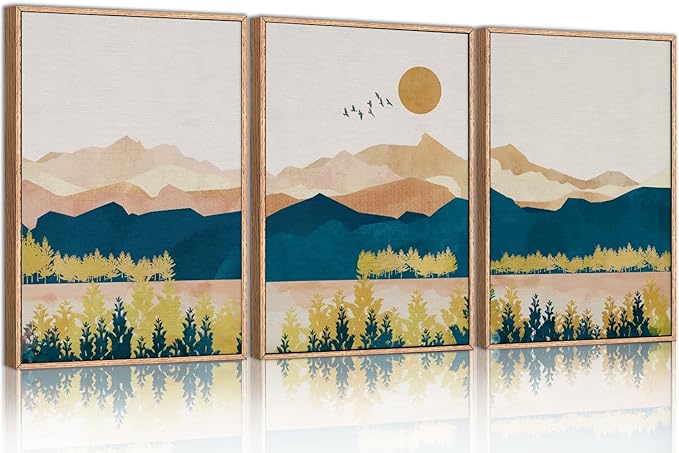 HPINUB Mountain Framed Canvas Wall Art Set, Mid Century Modern Wall Decor, Set of 3 Boho Artwork Nature Art Paintings, Bohemian Art Prints for Living Room, Bedroom, Dining Room, Office - 16"x24"x3