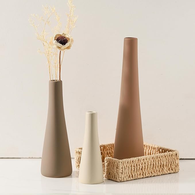 Ceramic Vase Set of 3, Modern Farmhouse Vases Home Decor Neutral Pottery Vase Pampas Grass Flower Vases for Home Decoration Room Decor Table Entryway Living Room Centerpieces Mantel Decor - Brown