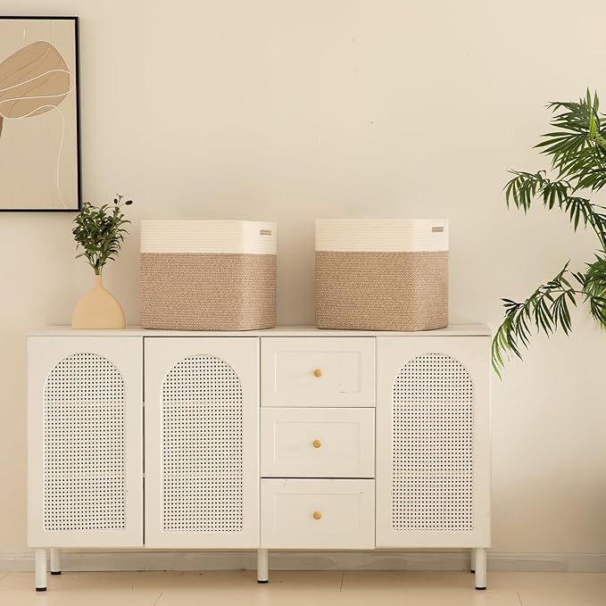 OIAHOMY Storage baskets for Shelf, Large Collapsible Storage Bins, Blanket Basket Living Room, 16.5 x 13 x 15 Inches-Pack of 2-Brown