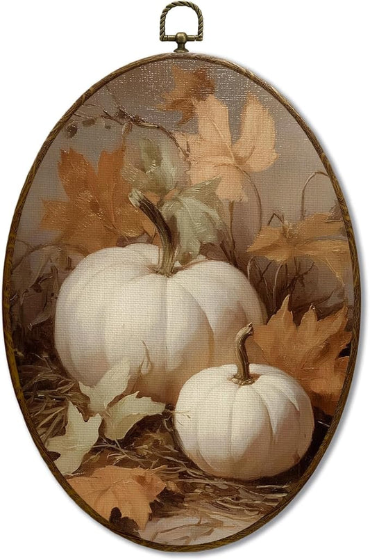 JQF Vintage Fall Pumpkin Oval Wall Art, Farmhouse Autumn Pumpkin Maple Leaf Oval Canvas Wall Art, Retro Rustic Fall Framed Prints Hanging Decor for Home Bedroom Living Room, 8.5x11.5 Inch