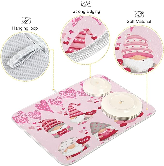 Happy Valentine Hearts Gnomes Dish Drying Mat 18 X 24 In Red Love Absorbent Microfiber Dry Dishes Pads Tableware Mats Protector for Kitchen Countertops Counter Home Decorations