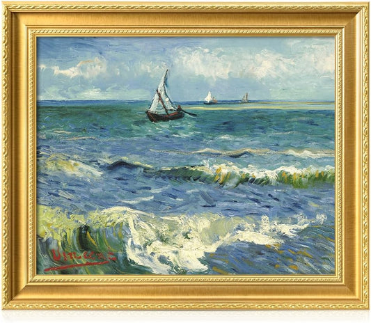 DECORARTS - The Sea at Les Saintes-Maries-de-la-Mer by Vincent Van Gogh. Giclee Print on Acid-Free Canvas in Gold Solid Wood Frame. Picture Size: 20x16, Total Size: 24.75x20.75, Made in USA