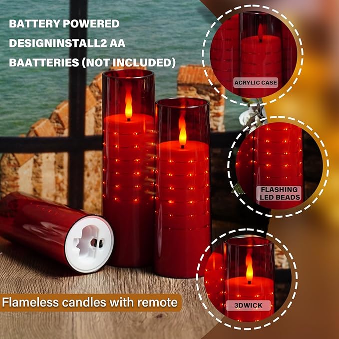 Flameless Candles with Embedded Star String - Flow Flicker Battery LED Candles, Realistic Flame, Red Set of 5 | Holiday Decoration, Wedding, Party Adding to The Family Atmosphere