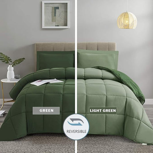 HIG 3pc Green Oversized King Plus Comforter Set Duvet Insert, Reversible, All Season, Box Stitched, with Corner Tabs, Soft, Fluffy（128'' x 120''）