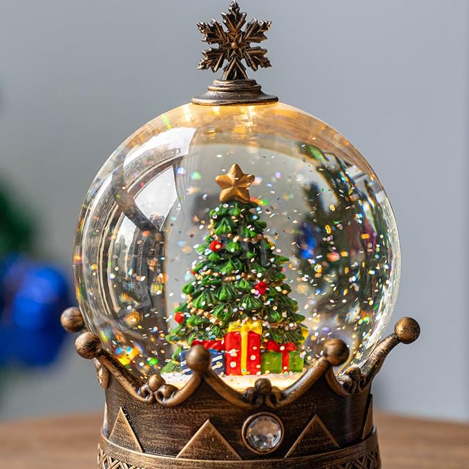 Snow Globe Lighted Christmas Decorations, Christmas Tree Musical Crown Snow Globe with Swirling Glitter, Christmas Holiday Party Gifts and Decorations