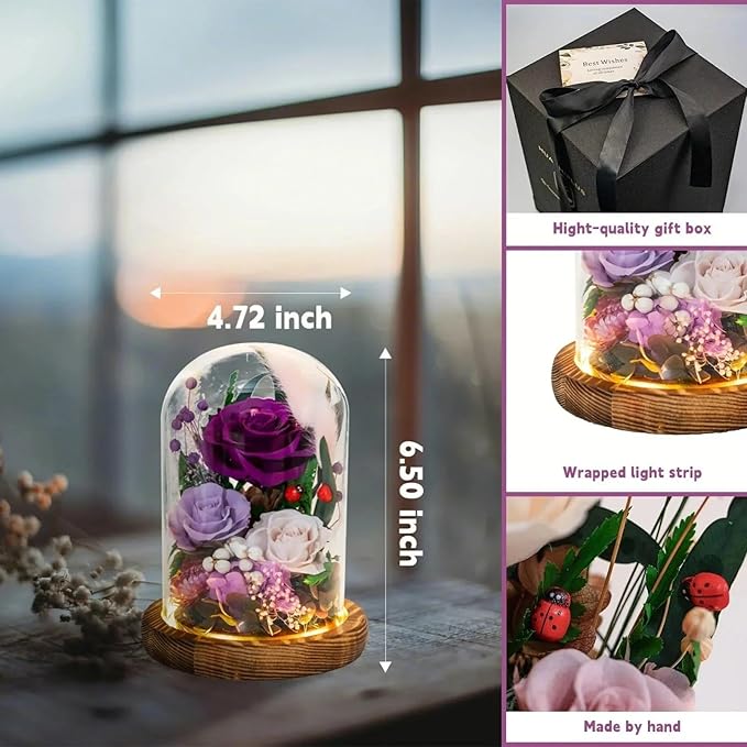 Forever Flowers with Symbolic Ladybugs: Preserved Flowers Gift for Women-Romantic Table Centerpiece-Valentines, Anniversary, Mothers Gifts for Her-Flowers for Delivery Prime (Purple)