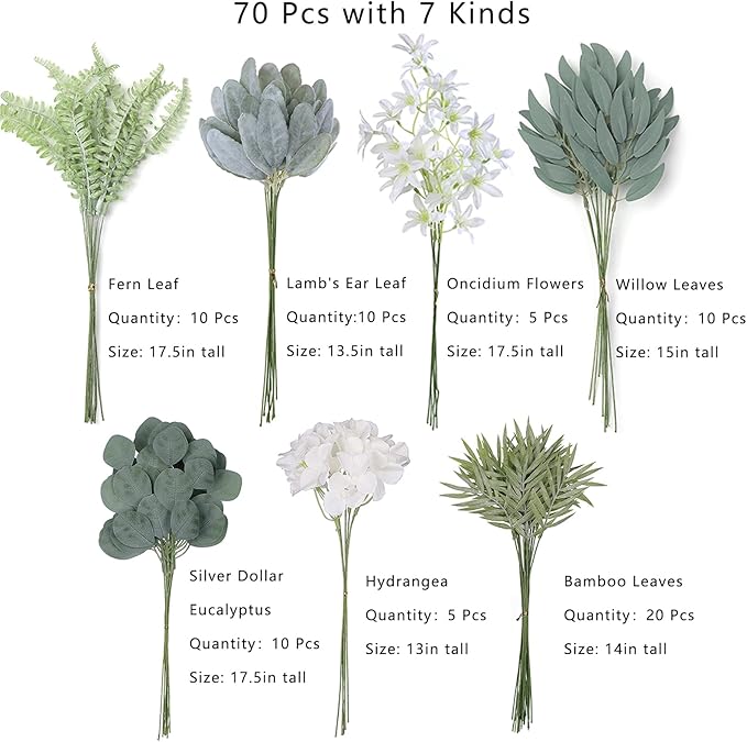 FOTEEWL 70 Pcs Artificial Greenery Stems Box Set,with 7 Kinds of Faux Plants and Fake Flowers for DIY Bridal Bouquets Wedding Floral Arrangement Table Centerpieces Decoration (Sage Green & Beige)