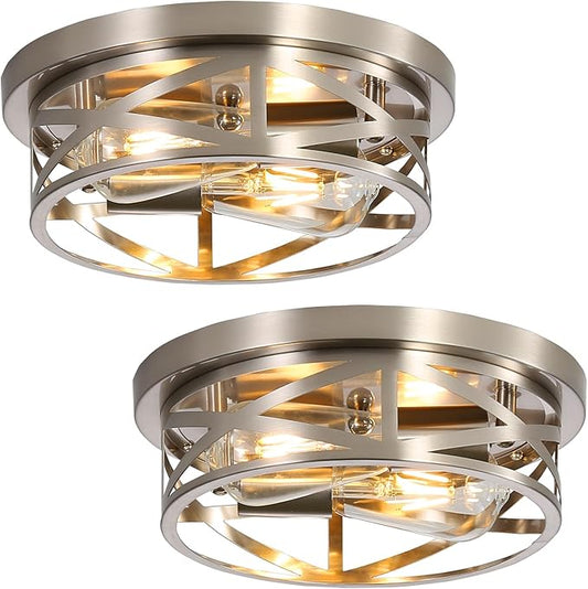 Brushed Nickel Flush Mount Ceiling Light Fixture,2-Light Industrial Farmhouse Ceiling Light Fixture，Brushed Nickel Light Fixture Ceiling Mount for Kitchen Bedroom Living Room 2Pack