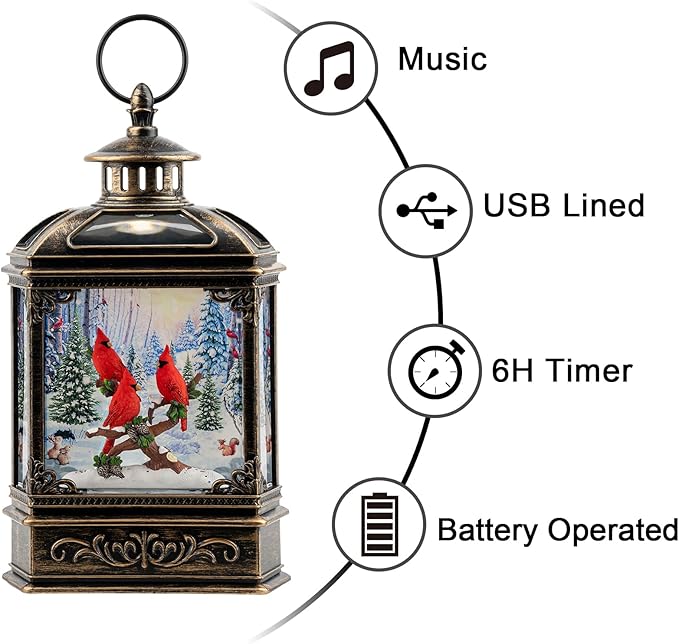 Christmas Snow Globe Water Glittering Cardinal with Music, USB Lined/Battery Operated Lighted Lantern for Christmas Festival Decoration Gifts