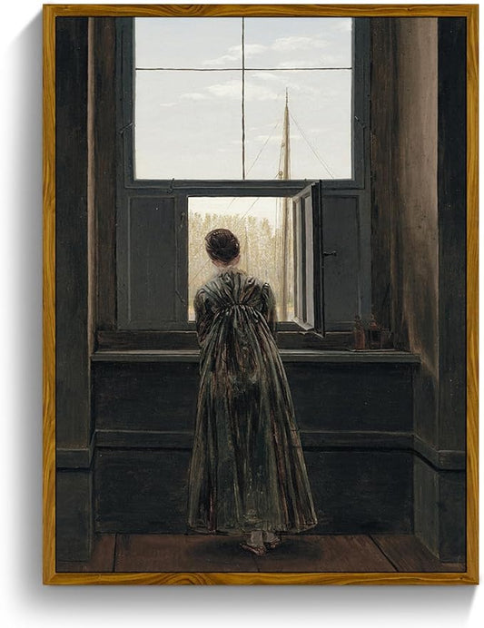 crmotu Framed Canvas Wall Art, Vintage Portrait Paintings Wall Decor, Woman by the Window Dark Art Prints, Retro Lady Back Pictures Rustic Farmhouse Home Decor Living Room Bedroom Bathroom 16x24in