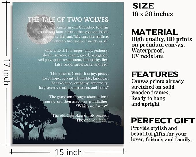 Wolf Wall Art, Wolf Poster, The Tale of Two Wolves, Canvas Wall Art Inspirational Quote Decor, Native American Art 14x17 inch
