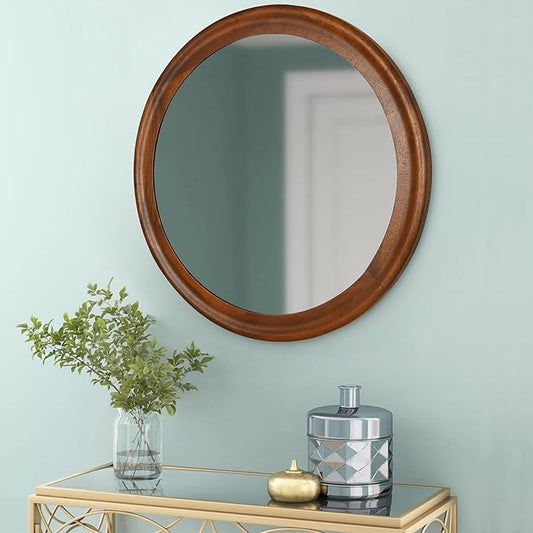 Round Wood Mirror for Wall,24 Inch Circle Decorative Mirror with Walnut Frame,Rustic Bathroom Hanging Vanity Mirror for Entryway,Bedroom or Living Room(Walnut Brown)