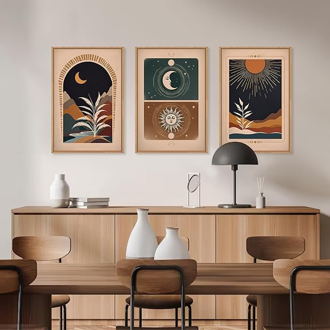 KAIRNE Boho Desert Botanical Framed Canvas Wall Art Set of 3, Bohemian Sun Moon Wall Painting, Mid Century Tropical Leaves Wall Decor, Retro Southwestern Art Print for Living Room, Bedroom 16" x 24"