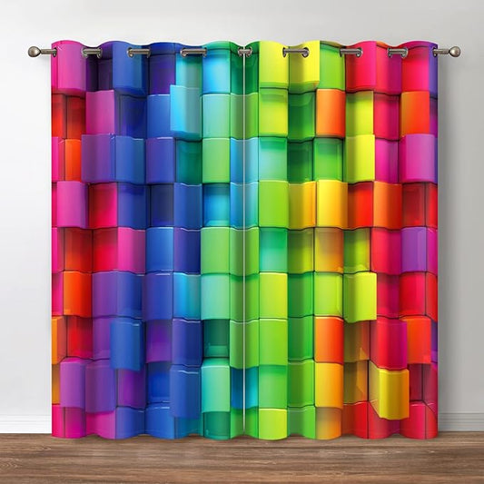 Jekeno Colorful Rainbow Blackout Curtains Colored 3D Looking Brick Block Contour Display Geometric Artisan Decor Home Bedroom Living Room Grommet Window Drapes 2 Panel Set, 52"x84"