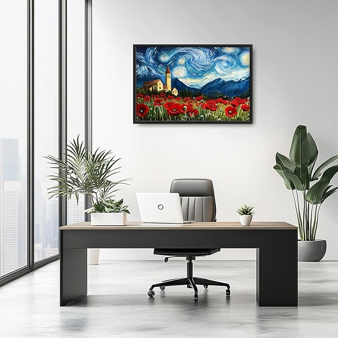 Starry Night Framed Wall Art for Living Room, Large Poppies Canvas Wall Decor, Vintage Red Flowers Pictures Painting, Modern Landscape Artwork for Bathroom Bedroom 36L'' × 24W''