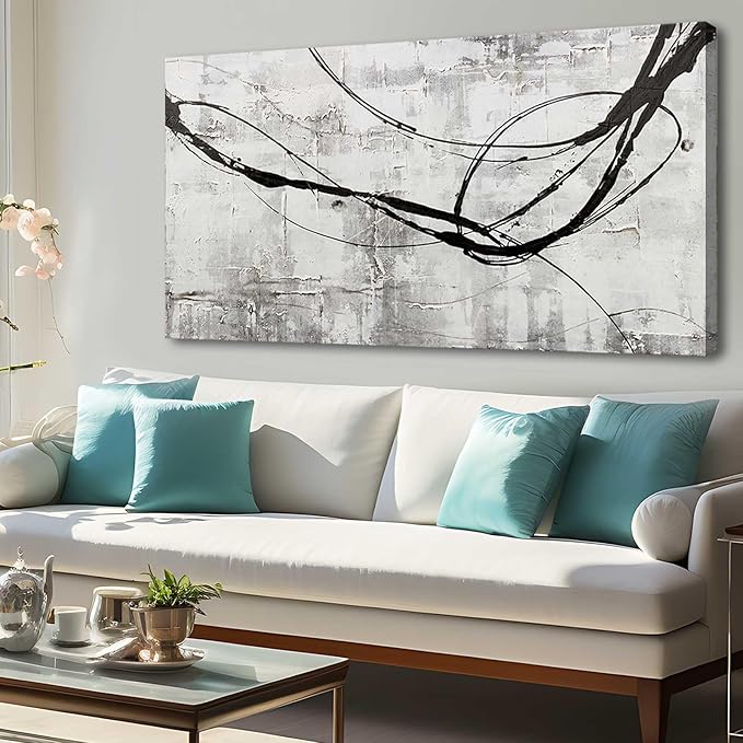 XIANSHOU Maximalist Decor Black and White Wall Decor Grey Modern Wall Art Pictures for Office Wall Decorations 24"x 48" Big Painting Artwork Bedroom Living Room Hotel