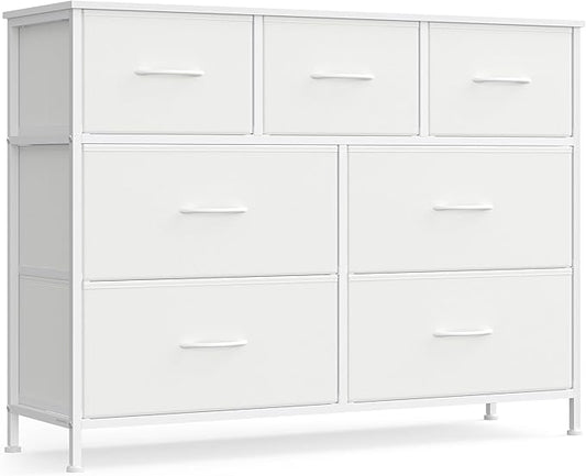 SONGMICS Dresser for Bedroom, Chest of Drawers, TV Stand, Steel, MDF, 7 Non-Woven Fabric Drawers, Storage Organizer Unit, Closet, Entryway, Cloud White and Snow White ULGS323W01S