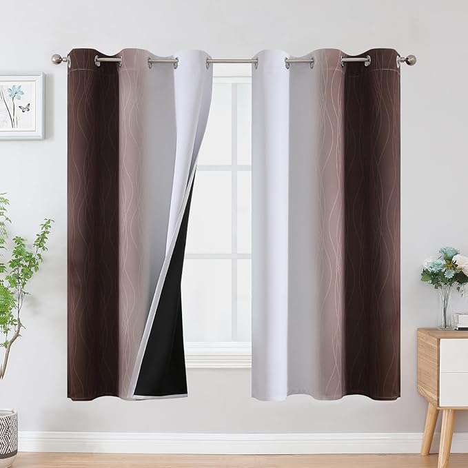 Estelar Textiler Brown and Greyish White Ombre Blackout Curtains for Bedroom, Full Room Darkening Grommet Curtains for Living Room, Thermal Insulated Light Blocking Gradient Drapes, 42Wx63L,2 Panels