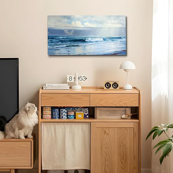 crmotu Beach Large Wall Art, Coastal Landscape Vintage Decor Painting, Sun and Ocean Waves Canvas Art Prints, Blue Aesthetic Wall Pictures for Living Room Bedroom bathroom, Office Decor 20"X40"