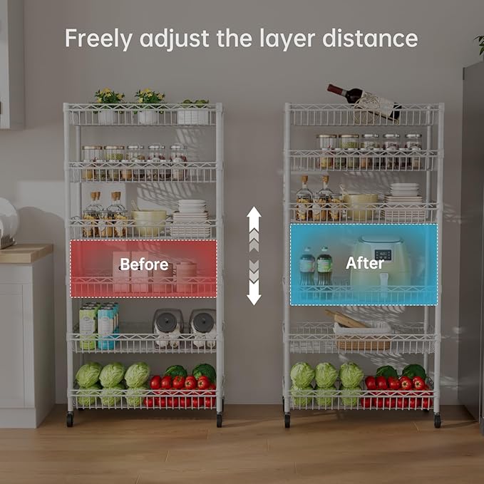 6 Shelves Storage Shelf Wire Closet Bathroom Organizers Metal Pantry Kitchen Garage Shelving Unit Laundry Room Organization Home Rack Net Basket White with Wheels 30" Dx14 Wx65 H