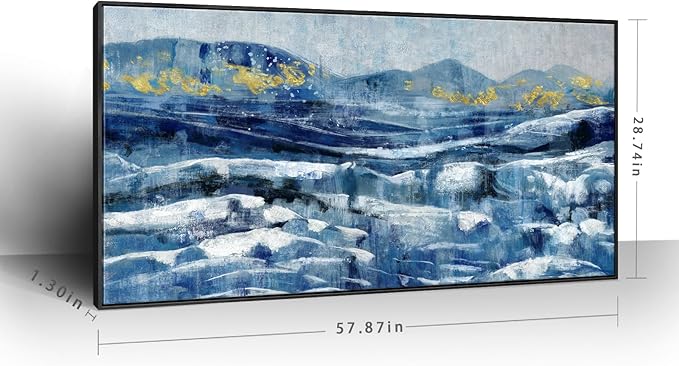 Framed Wall Art for Living Room Blue Black Yellow Abstract Mountain Peaks Canvas Print Sea Landscape Painting White Ocean Waves Textured Picture Modern Minimalist Seascape Coastal Artwork 30x60inch