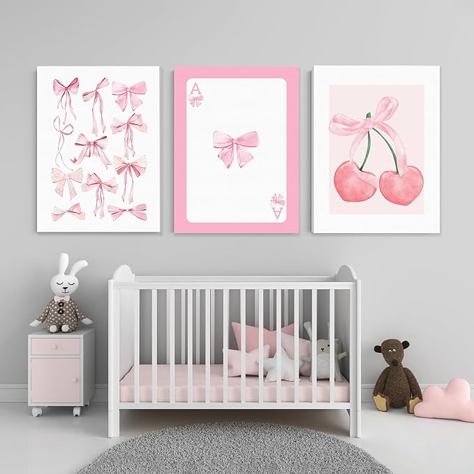 WRFON Trendy Pink Bows Canvas Wall Art, Vintage Preppy Cherry Poster Prints, Pink Watercolor Bows Wall Decor, Coquette Girly Room Aesthetic Pictures for College Apartment Bedroom Framed 12"x16"x3