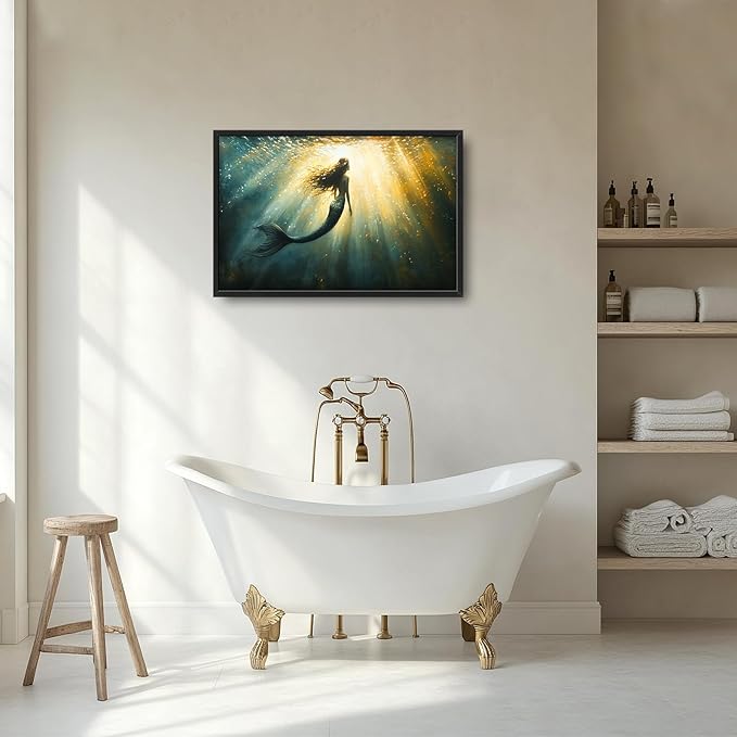 Olivine Mermaid Wall Art, Ocean Pictures Wall Decor, Coastal Painting, Marine Life Canvas Prints, Framed Artwork for Bathroom Bedroom Living Room Office Home Decoration 36"x24"