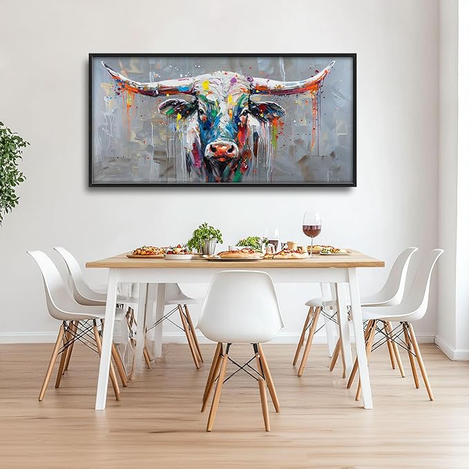 Cow Large Framed Wall Art Abstract Colorful Cow Pictures Graffiti Oversized Wall Decor Canvas Print Painting Aesthetic Modern Artwork for Living Room Bedroom Office Bathroom Home Decor 60L x30W