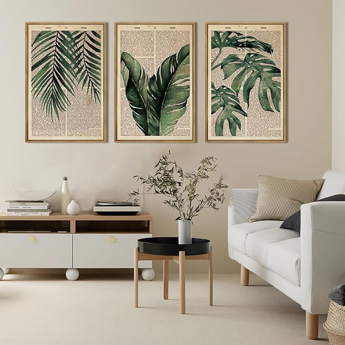 ANHUIB Large Botanical Prints Wall Art Framed Palm Leaf Wall Decor 16x24Inch Vintage Plant Art Prints Green Leaves Paintings Set of 3 for Living Room Bedroom Office