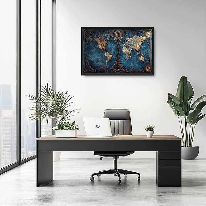 World Map Framed Wall Art for Living Room, Large Map of The World Canvas Wall Decor, Vintage Maps Pictures Painting, Modern Artwork for Office Bathroom Bedroom 36L'' × 24W''
