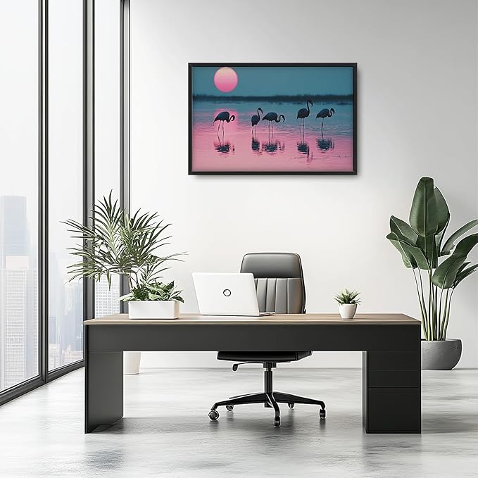 Olivine Flamingo Wall Art, Sunset Pictures Wall Decor, Beach Painting, Tropical Animal Canvas Prints, Framed Artwork for Bathroom Bedroom Living Room Office Home Decoration 36"x24"