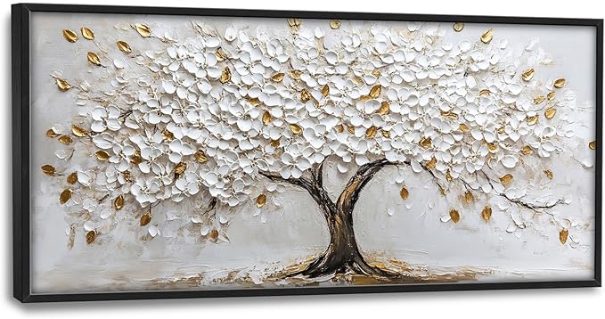 Olivine Tree Large Wall Art, White And Golden Pictures Wall Decor, Tree Of Life Paintings Canvas Prints, Framed Artwork for Dining Room Bedroom Living Room Office Bathroom Home Decoration 60"x30"