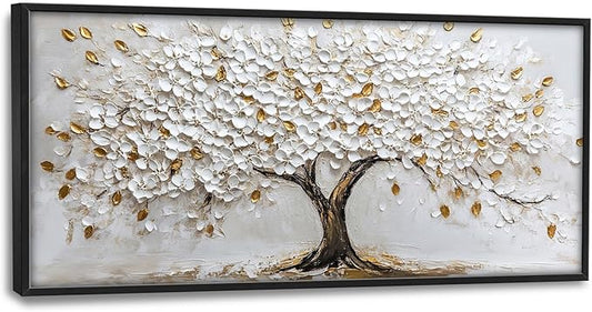 Olivine Tree Large Wall Art, White And Golden Pictures Wall Decor, Tree Of Life Paintings Canvas Prints, Framed Artwork for Dining Room Bedroom Living Room Office Bathroom Home Decoration 60"x30"