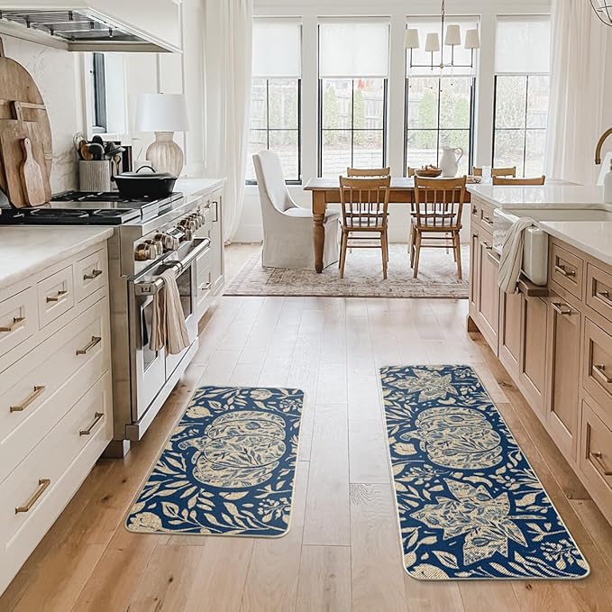 Artoid Mode Blue Flower Pumpkin Fall Kitchen Mats Set of 2, Autumn Home Decor Low-Profile Kitchen Rugs for Floor - 17x29 and 17x47 Inch