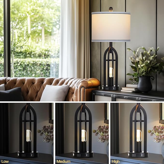 27" Tall Vintage Table Lamp with USB C+A & Outlet,Black Industrial End Table Lamp for Living Room,Farmhouse Rustic Bedside Lamps with Night Light for Bedroom Nightstand,Black（2 LED Bulbs Included）