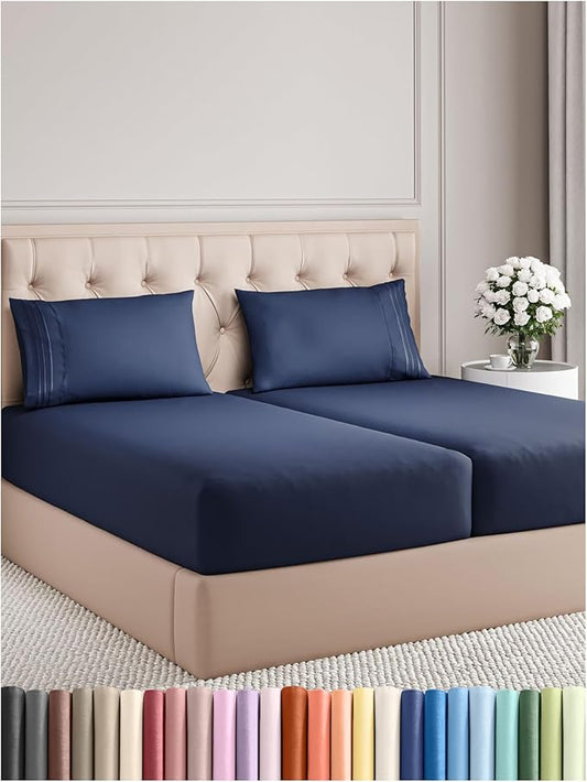 Split King Size 5 Piece Sheet Set - Comfy Breathable & Cooling Bed Sheets Set - Hotel Luxury Bedding for Women, Men, Kids, Teens, Boys & Girls - Deep Pockets, Soft, Wrinkle Free - Oeko-Tex - Navy Blue