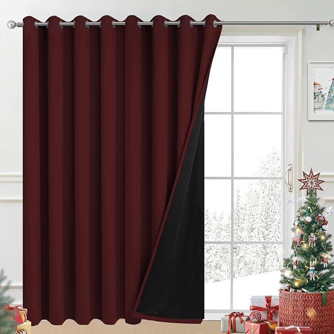 Yakamok Total Blackout Extra Wide Patio Sliding Door Curtains, Grommet Thermal Insulated Blind Curtains, Sliding Glass Door Panel for Living Room/Space Room Divider, Burgundy Red, W100 x L84, 1 Panel