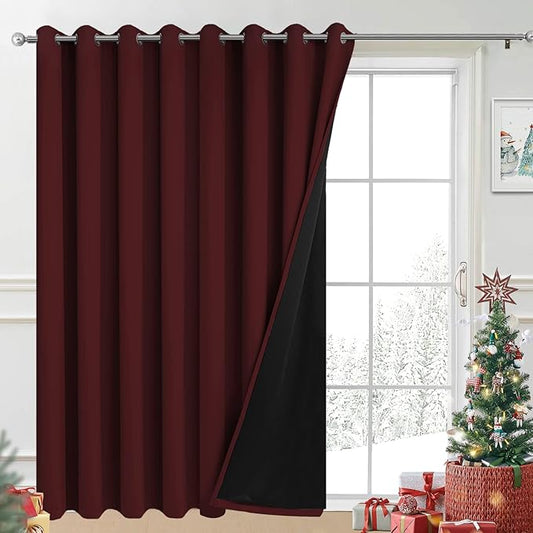 Yakamok Total Blackout Extra Wide Patio Sliding Door Curtains, Grommet Thermal Insulated Blind Curtains, Sliding Glass Door Panel for Living Room/Space Room Divider, Burgundy Red, W100 x L84, 1 Panel