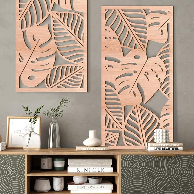 IARTTOP Large Wood Tropical Wall Art 15.9X32 Inch Carved Palm Leaves Wall Decor Coastal Leaf Monstera Plant Wall Sculptures for Living room Bedroom Set of 3