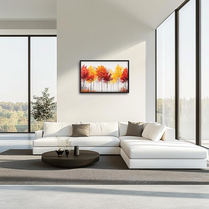 Fall Forest Framed Wall Art for Living Room, Large Red Trees Canvas Wall Decor, Red Leaf Landscape Pictures Painting, Modern Artwork for Living Room Bedroom 36L'' × 24W''