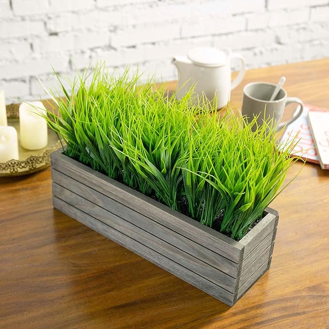 MyGift 14 Inch Artificial Green Grass Plant in Vintage Gray Wood Planter Window Box, Faux Greenery in Decorative Rectangular Crate Style Wooden Container
