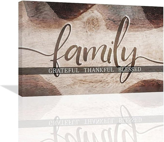 Large Family Wall Art Family Word Sign Pictures Wall Decor Home Quotes Grateful Thankful Blessed Canvas Painting Print Decor Artwork Framed for Living Room Bathroom Master Bedroom Dining Room 24"x16"