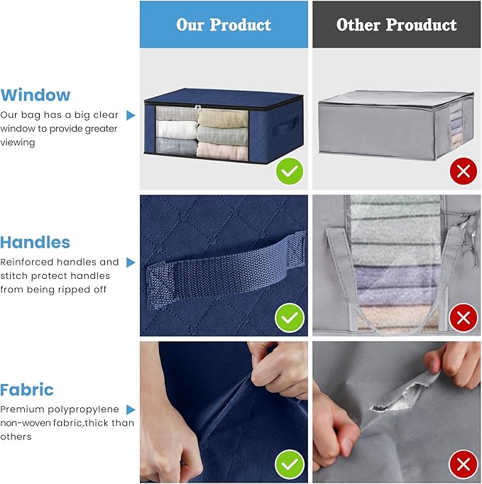 HomeHacks Storage 10-Pack Clothes Organizer Storage Bags Foldable Storage Box with Large Clear Window Sturdy Handles for Closet, Dorm, Pillows, Bedding, Clothes, Blankets, 35L, Blue