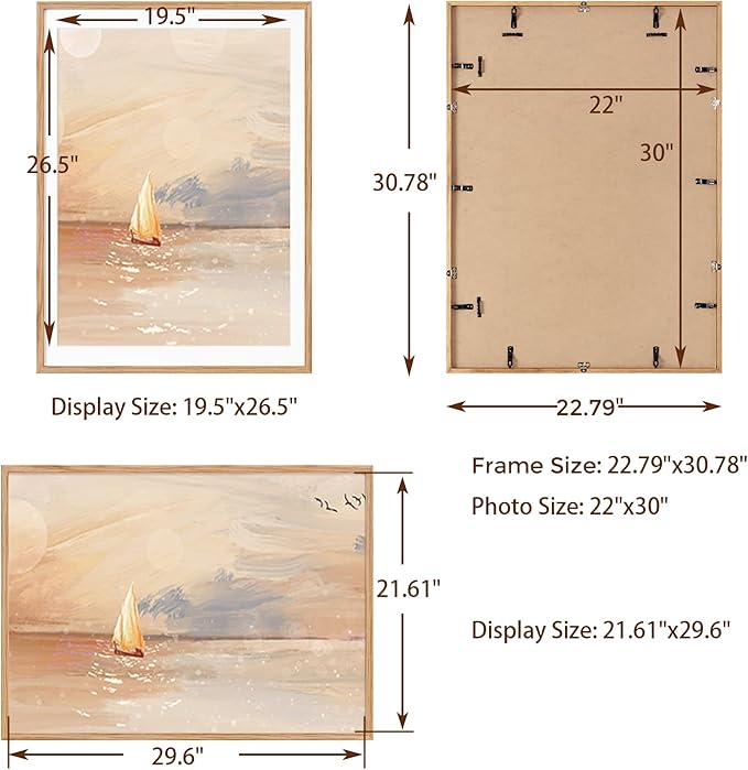 22x30 Oak Wood Picture Frame, 22"x30" Poster Frame for Wall, 22x30 Picture Frame with Mat for 20x27, Solid Oak Wood Photo Frame 22 x 30 with Tempered Real Glass (Natural Oak Color, 1 Pack)