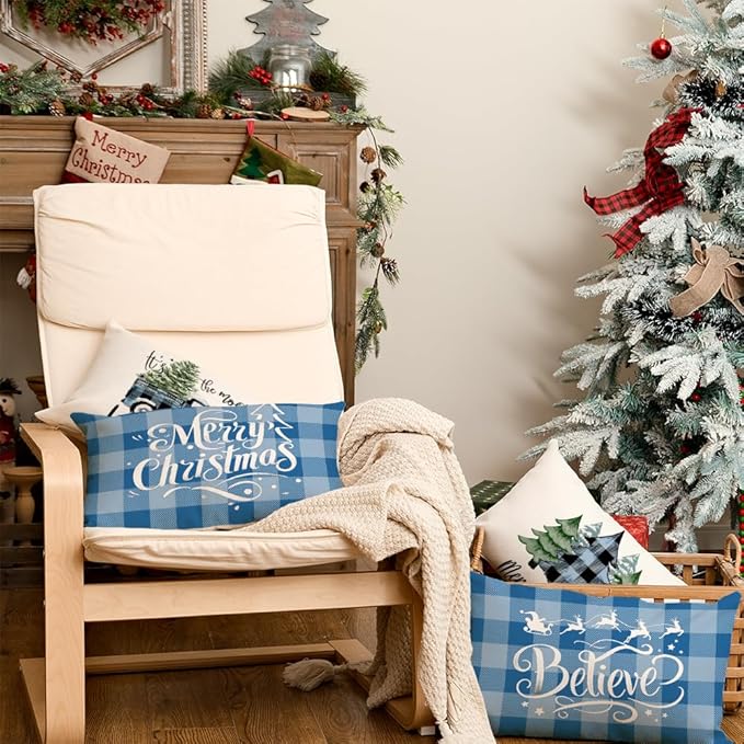 GEEORY Merry Christmas Throw Pillow Covers 12x20 Inch Set of 4, Xmas Trees Truck Blue Buffalo Plaid Believe Farmhouse Decorative Cushion Cases for Home Decoration G594-12