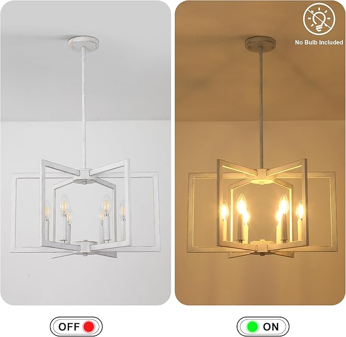 6-Light Modern Farmhouse Antique White Chandelier Light Fixture, French Country Chandeliers for Dining Room, Vintage Metal Geometric Pendant Lighting for Kitchen Island Living Room Entryway