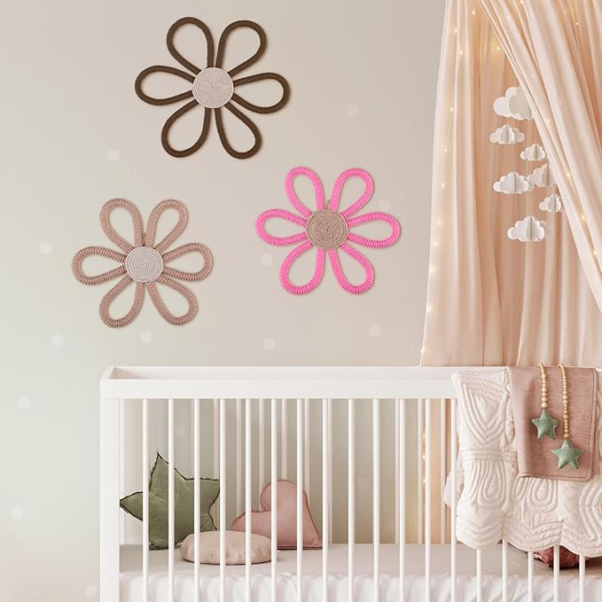 Barydat 6 Pcs Boho Nursery Decor Daisy Flower Woven Macrame Wall Hanging 3 Size Daisy Flower Wall Decor Bohemian Nursery Decorations for Home Dorm Art(Classic Color)