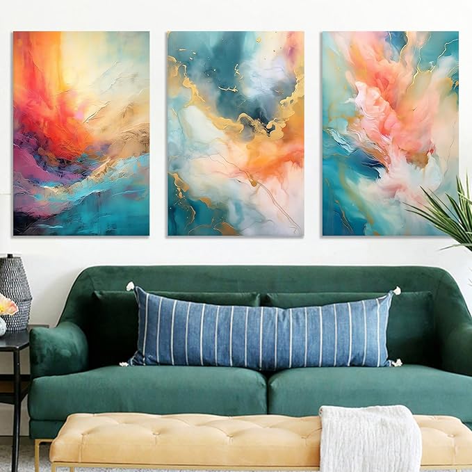 3 Piece Rendering Wall Decor Large Size Abstract Colorful Art Printed on Canvas Posters Painting Artwork for Living Room Office Picture Decoration Stretched and Framed [72''Wx 36''H]