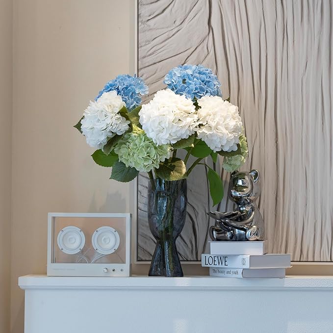 4PCS Artificial Flowers Large Hydrangeas Flowers Latex Bouquet for Wedding Bridal Office Home Party Decoration (2Pcs White+2Pcs Blue)